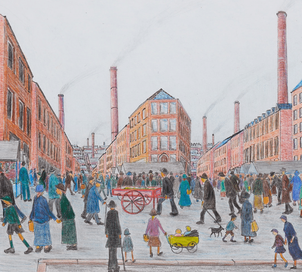 A drawing of factory buildings in the 1800 to 1900s with lots of people walking around.
