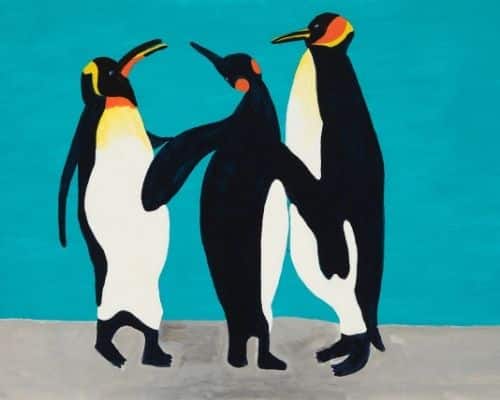 A painting of a group of penguins.