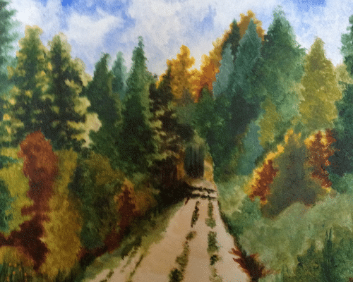 A painting of a forest scene.