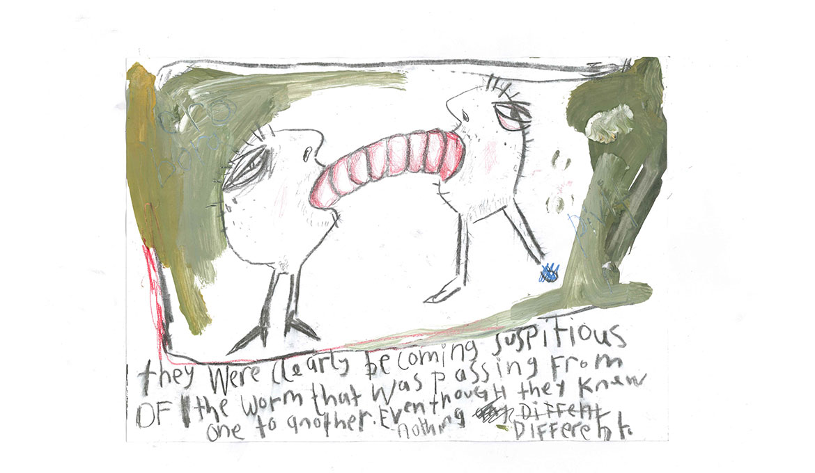 A drawing of two heads with legs throwing up something in each others mouths.
