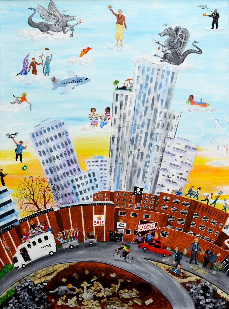 A painting a city landscape with planes and people in the clouds around some skyscrapers.