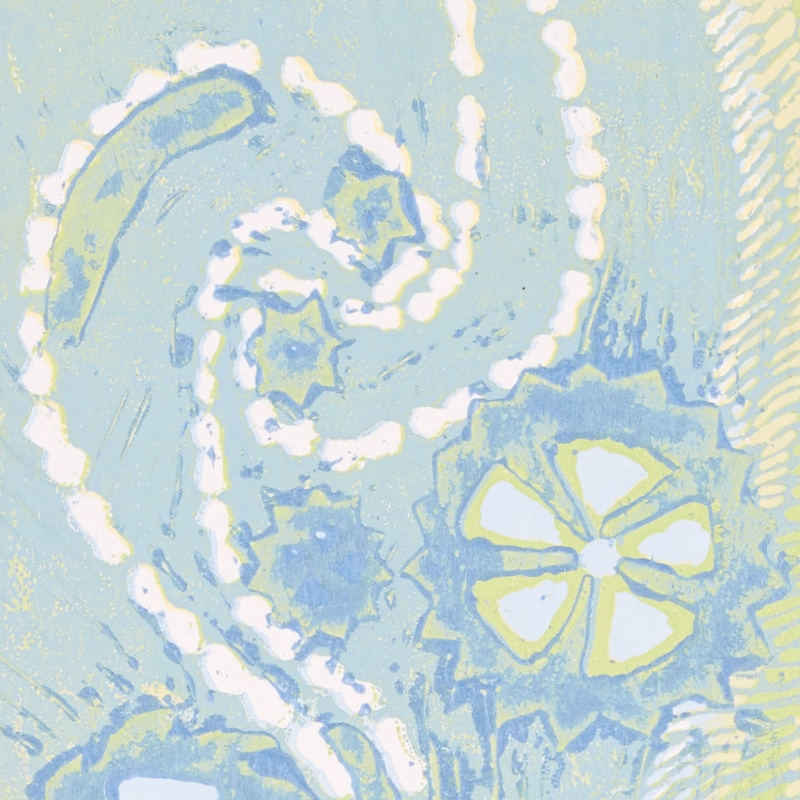 A painting of a blue, green and white floral pattern.