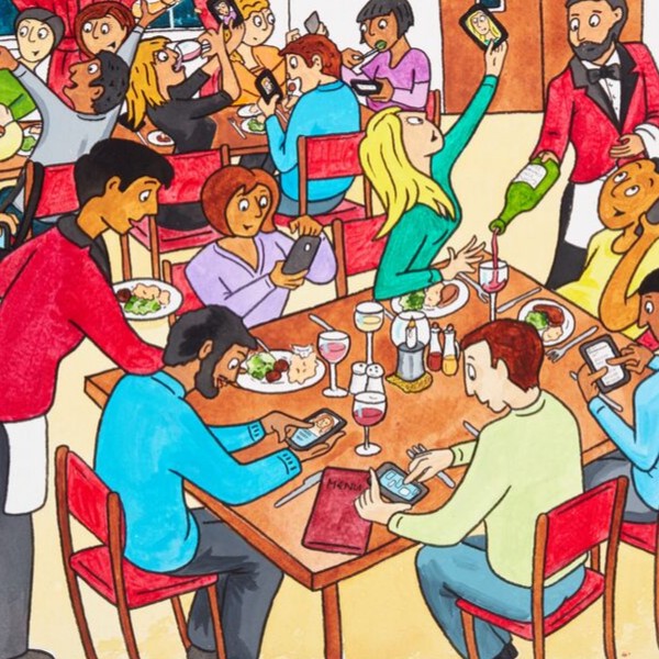 A colourful drawing of a group of people at a party.