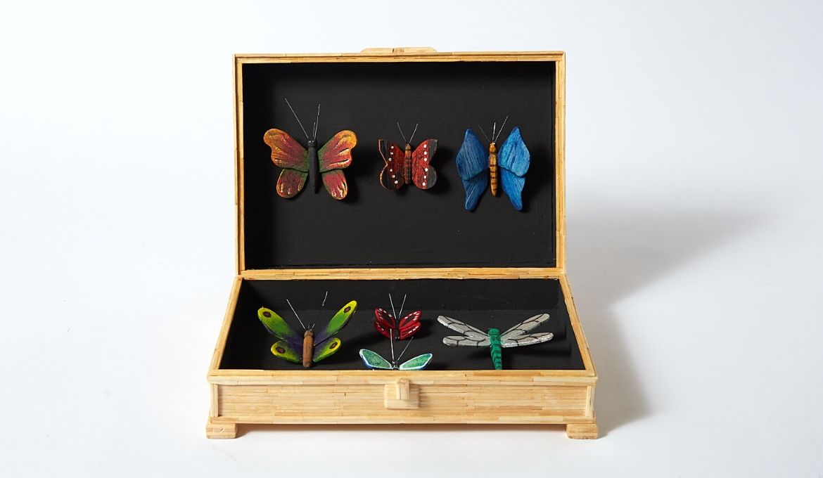 A photo of a box filled with fake butterflies.