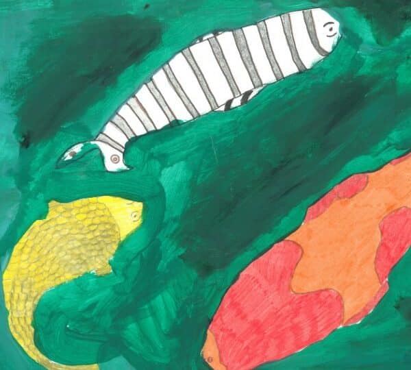 A watercolour painting of three multi-coloured koi fish.