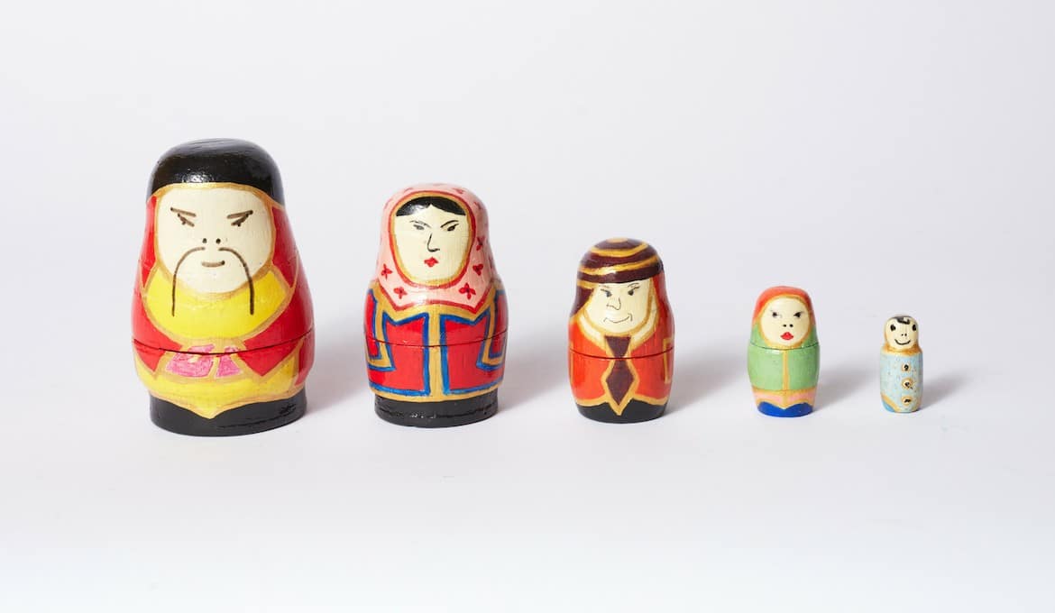 A photo of a row of Russian dolls.