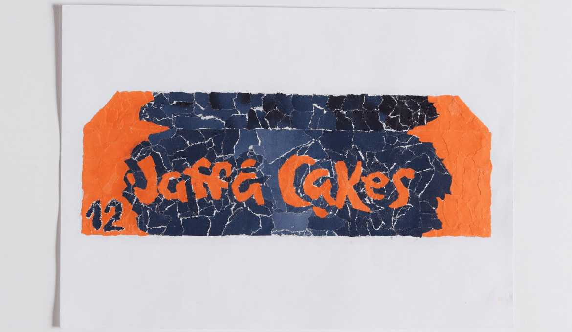 A paper collage that makes up a packet of Jaffa Cakes.