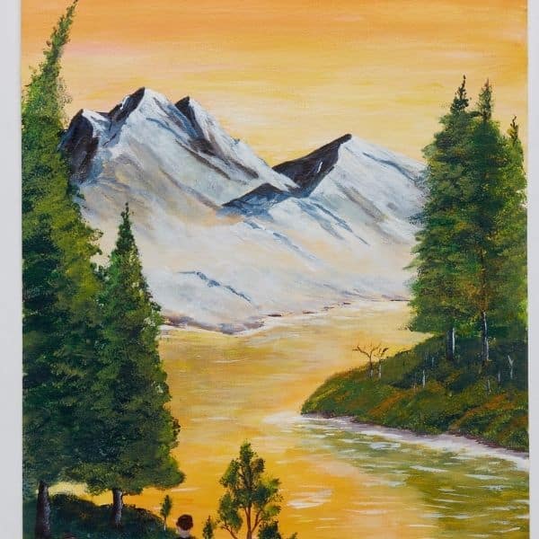 A painting of mountains and a forest.