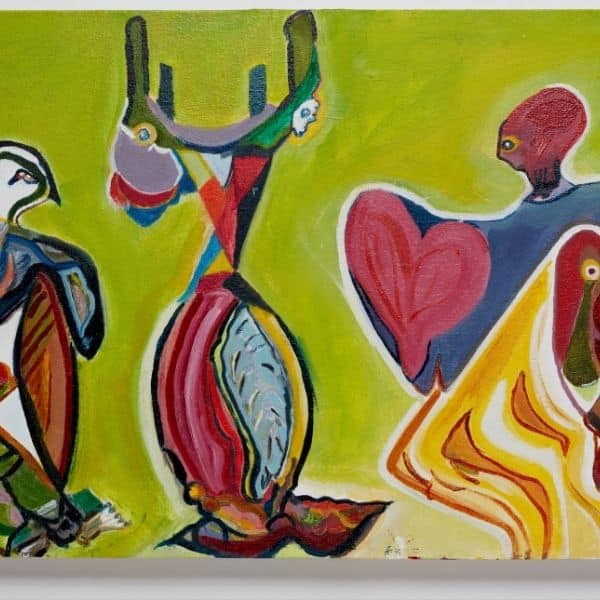 A painting of three abstract colourful creatures.
