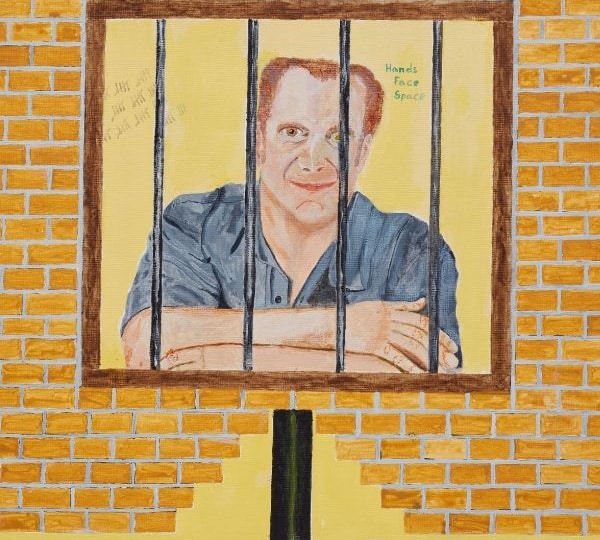 A portrait drawing of a man behind bars with his arms folded and a soft smile.