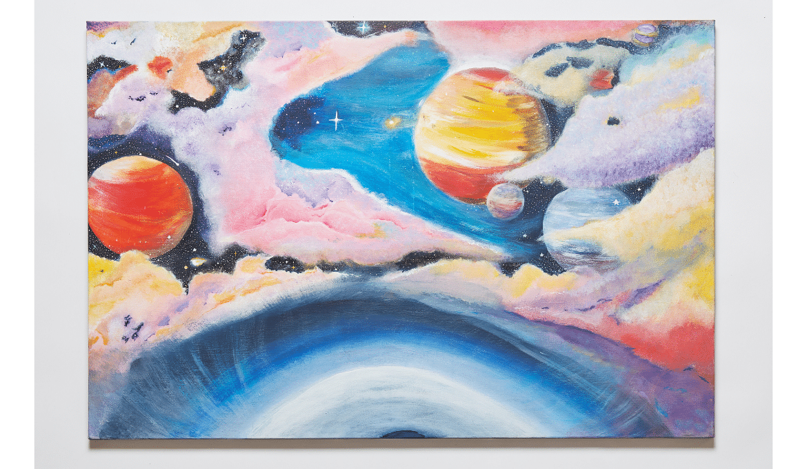 A painting of colourful planets and galaxies.