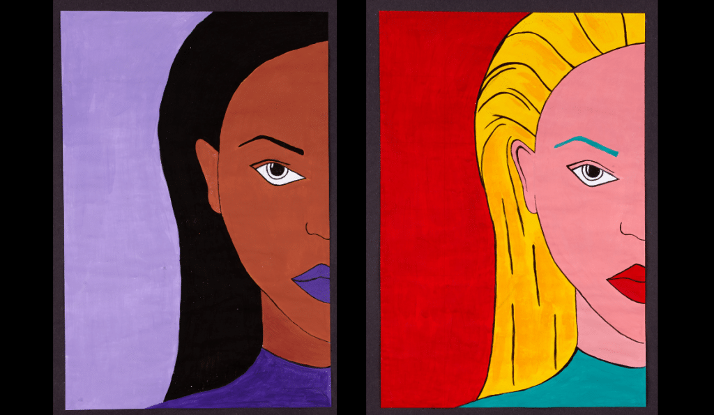 A painting of two women's faces, one is a black lady with black hair, the other is a white lady with blonde hair.