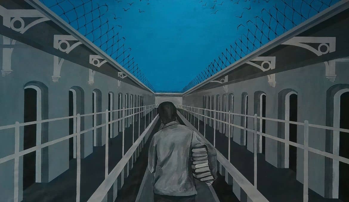 A painting of a row of cells down a long, never ending corridor. A man is holding a stack of books while walking down the corridor.