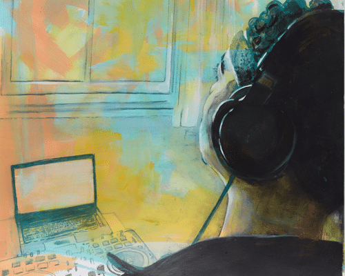 A painting of the back of the head of a young person with headphones on, listening to something on their laptop.