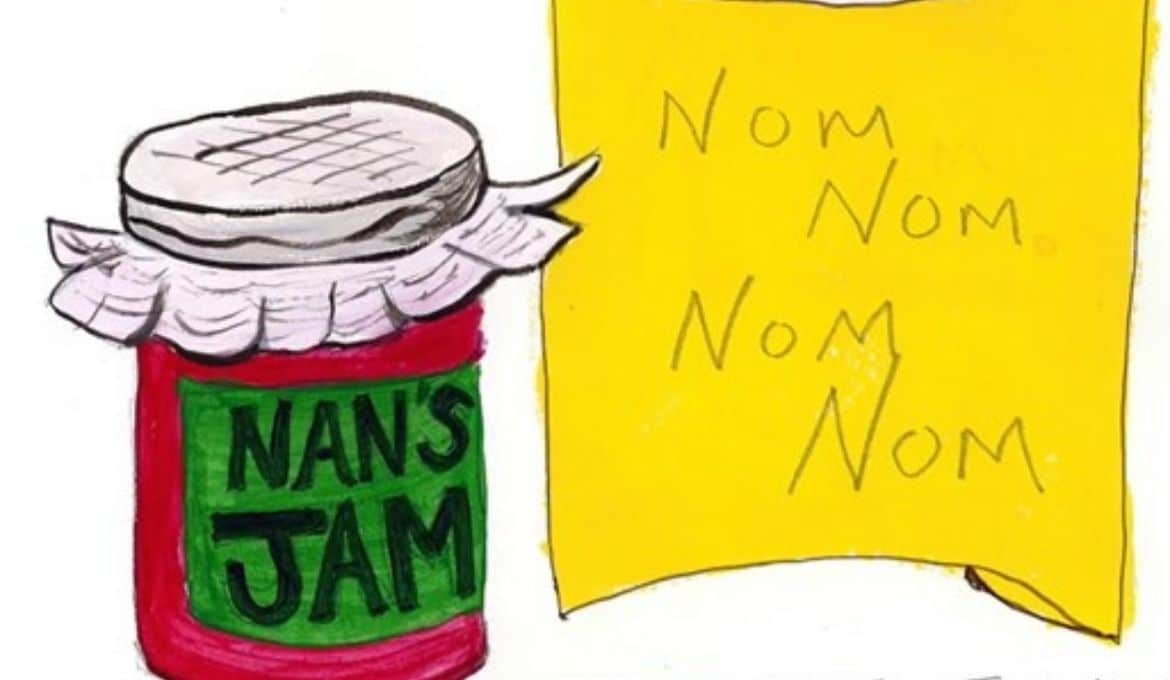 A drawing of a jar of jam with 'Nans's Jam' on it and a note next to it that reads 'Nom Nom Nom Nom',