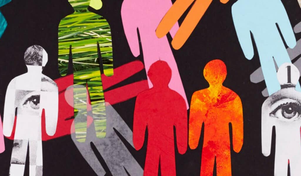 A painting of silhouettes of people with different patterns inside.