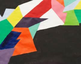 A painting of geometric shapes of different colours stuck together,
