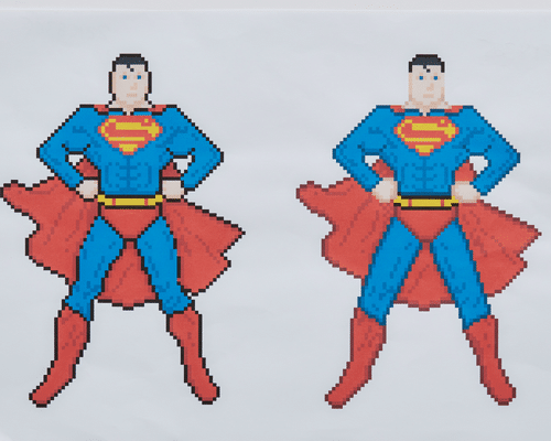 A drawing of two pixel art Supermen.