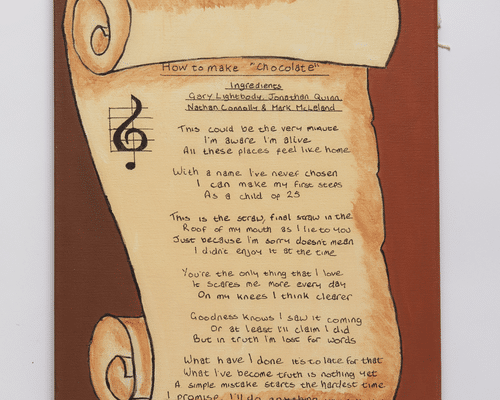 A picture of a drawing of parchment paper with a song written on it.
