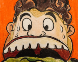 A drawing of a close up of a cartoon boy's head with large teeth and sweat running down his forehead.