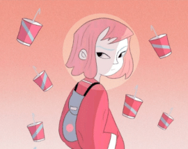A graphic design of a young girl with pink hair and a backpack.