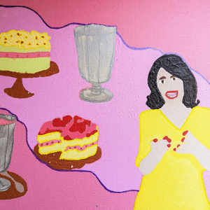 A thumbnail preview of There it is! My cake and ice cream. Just what I wanted!, an example of Visual Art work from the On My Plate exhibition.