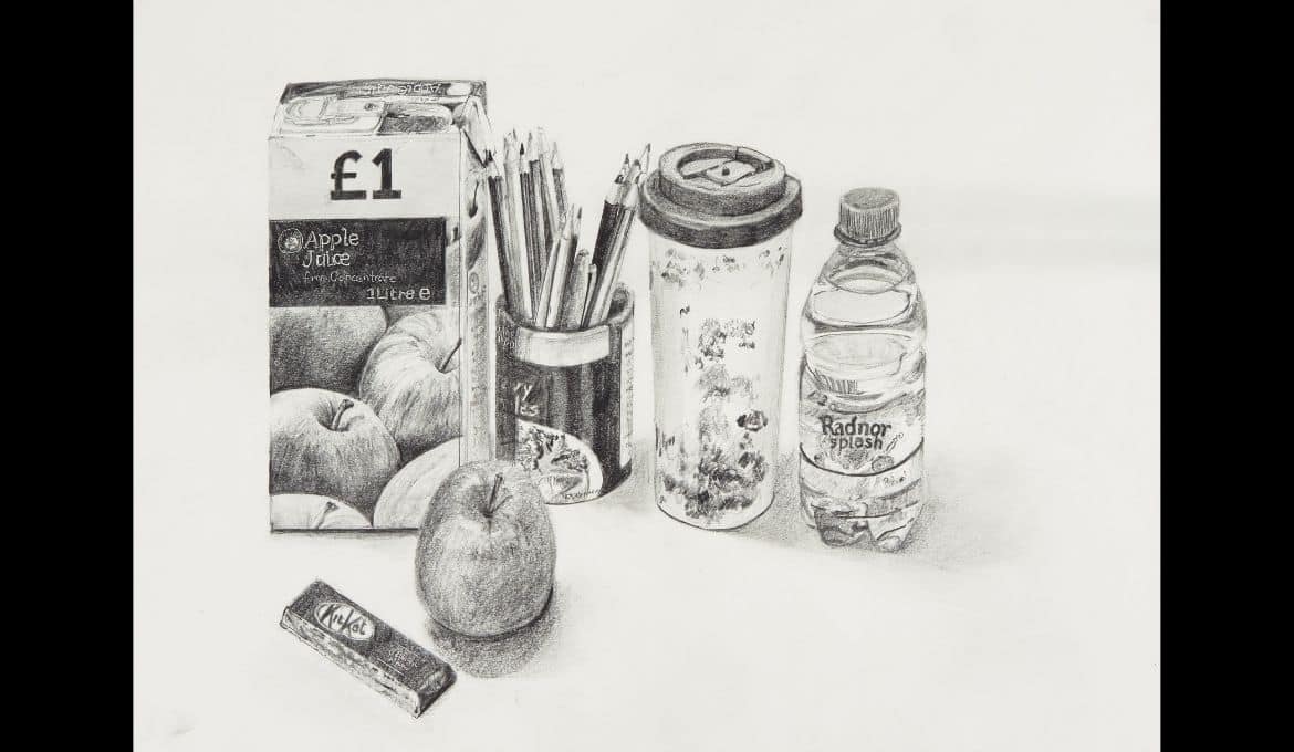 A thumbnail preview of Still Life with Apple Juice Carton, an example of Visual Art work from the A Moment for Self-Reflection exhibition.