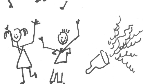 A drawing of two stick-people having a party.