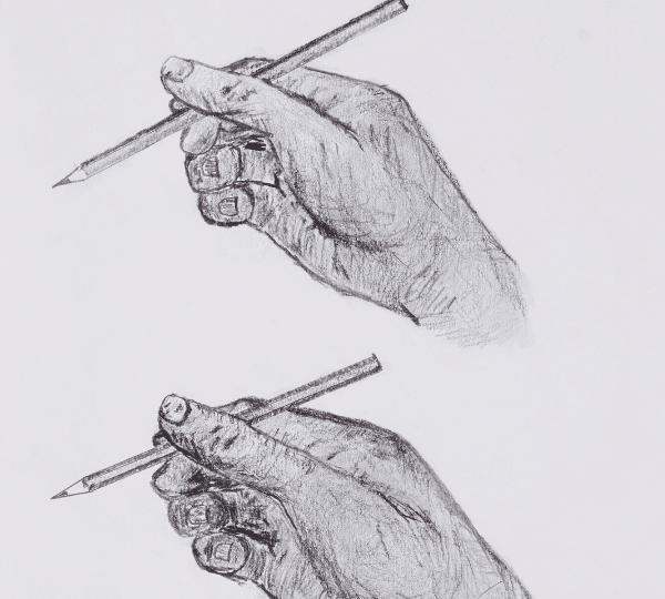 A pencil drawing of two hands holding a pencil.