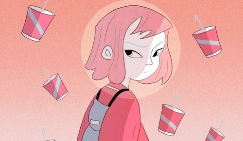 A graphic design of a girl with pink hair with cups floating around her.