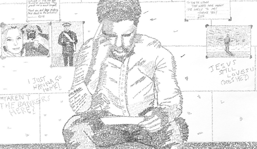 A pencil drawing of a man sat down looking at a piece f paper.