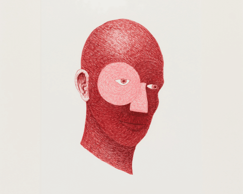 A painting of the head and neck of a person with red skin and a pink circle around his eye.