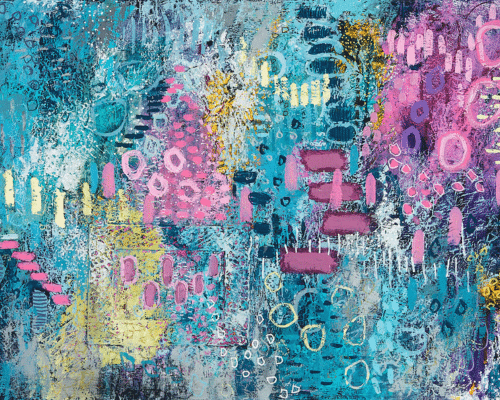 A turquoise, pink and yellow textured painting.