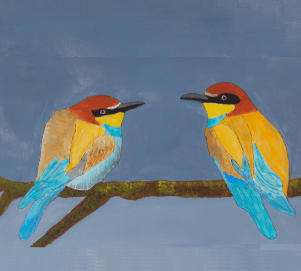 A painting of two orange and blue birds sitting on a branch.