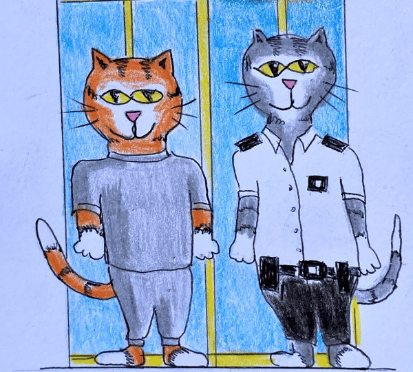 A drawing of two cats wearing uniform.