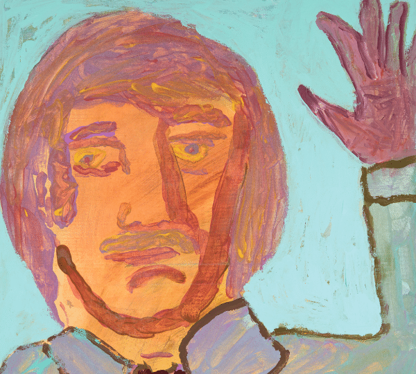 A painting of a man with a moustache waving his hand in the air.