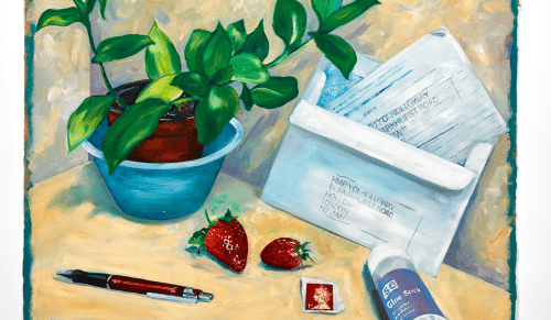 A still life painting of a potted plant, a letter and several miscellaneous items.