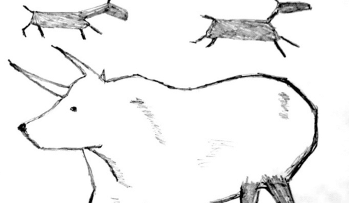 A drawing of stick animals.