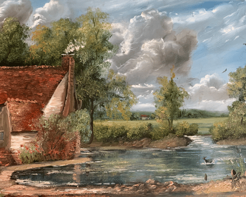 A painting of a landscape with a pond.