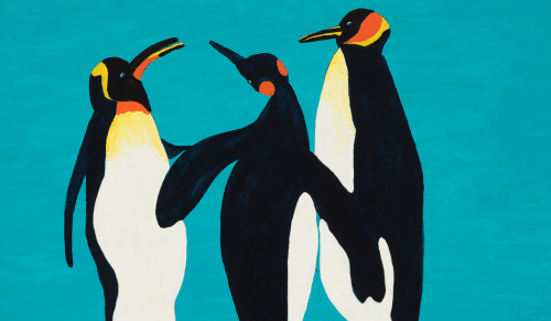 A painting of three penguins on a blue background.