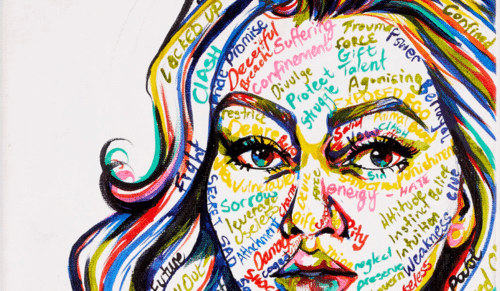 A colourful drawing of a woman with words written over her face.