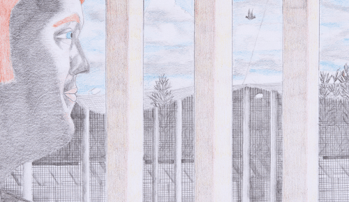 A pencil drawing of a man looking out of his cell.