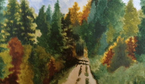 A painting of a scene of trees.