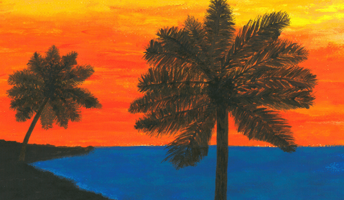 A painting of a sunset and palm trees.