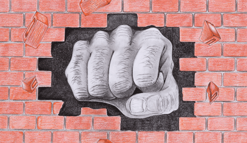 A drawing of a fist breaking through a brick wall.