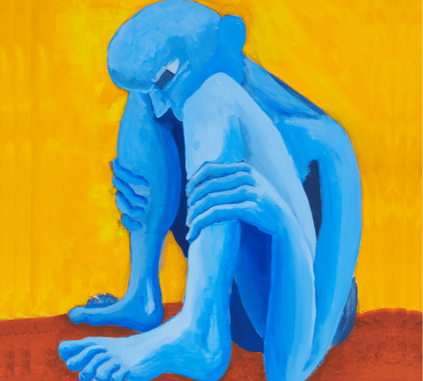 A painting of a blue person sat down with their face between their knees.