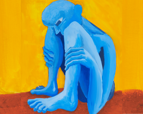 A painting of a blue person sat with their head between their knees.