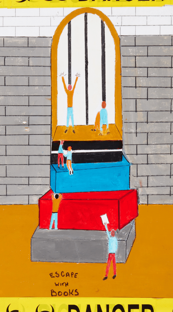 A painting of a stack of books lined up with a window with little people climbing up them.