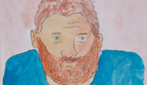 A painting of the face of a man with a ginger beard.