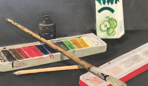 A still life painting of water colour paints, paintbrush and a juice box.